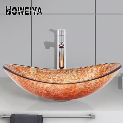 China Modern Apartment Modern Gold Painted Design Lavabo Bathroom Sink Vanity Orange Etching Oval Glass Wash Basin for sale