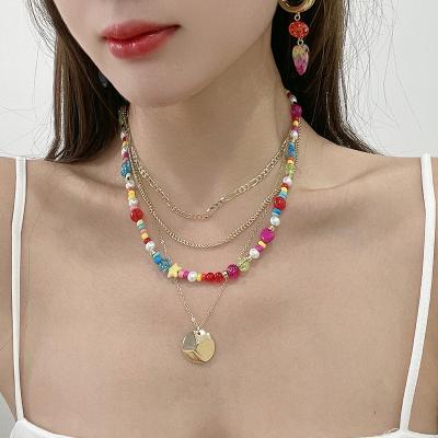 China FASHIONABLE Icons Beaded Mixed Color Necklace Twin Multi Row Necklace Pendant Ornament Female for sale