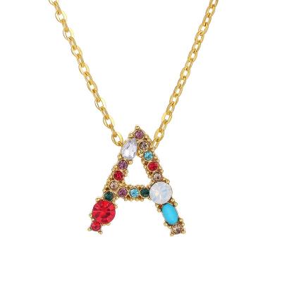 China Hiphop Fashion Jewelry 26 English Letter Necklace Personalized Simple Color Diamond Zircon Inlaid Pendant Necklace for sale