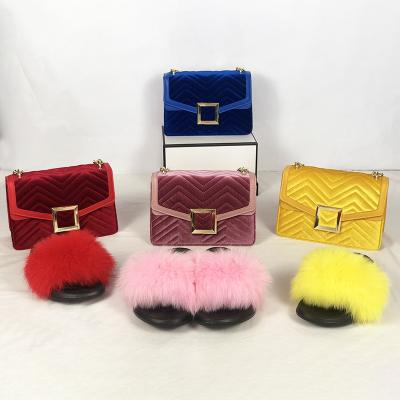 China Daily Fashion Luxury Matching Slippers Wholesale Matching Fur Shoes And Handbags Pinch Fur Slides Bag And Shoe Set Handbag for sale