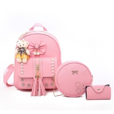 China Wholesale Luxury Waterproof Lady Bag 3 Pieces PU Tassel Set School Backpack Leather Bag Set for sale