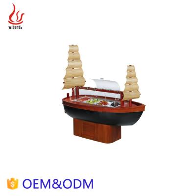 China Single-Temperature Wiberda Boat Shape Restaurant Stainless Steel Wooden Counter Refrigerated Salad Bar Cooler for sale