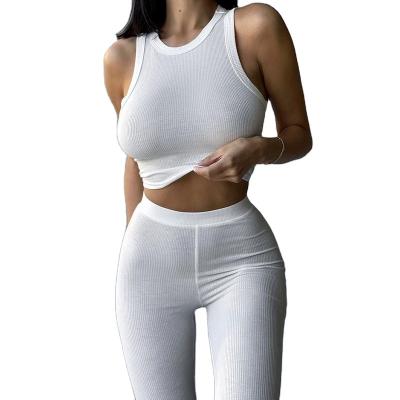 China Summer Breathable Rib Cropped Teams 2 Piece Set Women Tank Tops Yoga Joggers Gaiters Joggers Pants Two Piece Set Fashionable for sale