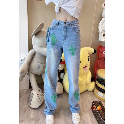 China Green Breathable Loose Cross Patchwork Patchwork Straight High Waist Jeans Women for sale