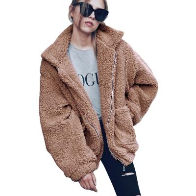 China Knit Long Sleeve Faux Fur Zipper Women's Fashion Oversized Lapel Coat Jacket With Pockets To Keep Warm In The Winter for sale