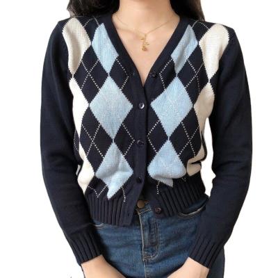 China Breathable Blue Korean Style V-Neck Knit Sweater Women's Gingham Cardigan Fashion Long Sleeve Top Ladies Knitted Cardigan for sale