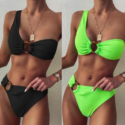 China Women Breathable Swimwear Rib Fabric Low Waist One Shoulder Sexy Two Piece Hot Bikini for sale