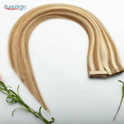 China Silky Straight Wave PureVirgin T#P18-60 Factory Wholesale Remy 100% Tape In Human Hair Extension Double Drawn Tape In Hair Extensions For Sale for sale