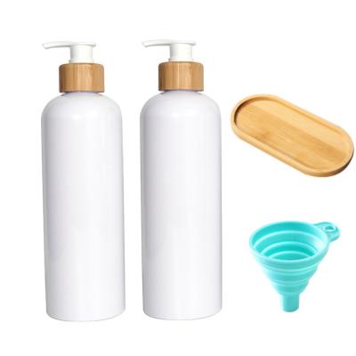 China 2 Pack 16Oz Sustainable White Plastic Bottle With Pump Refillable Bamboo Bathroom And Kitchen Hand Soap Dispenser Set for sale