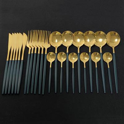 China Customized LOGO and Dropshipping New Modern Green Gold Cutlery Mirror Stainless Steel Flatware Dinner Knife Fork Dinnenrware Set for sale