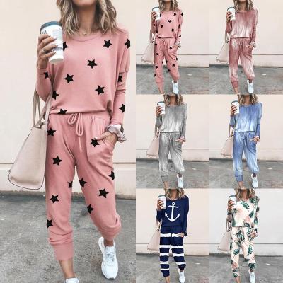 China Fashion Women Cotton Long Sleeve Casual Wear Color Printing Stretch Long Sleeve Pant Suit Homewear Suit for sale