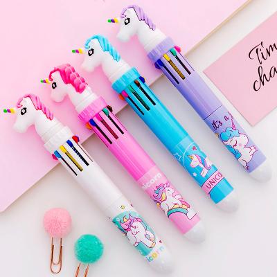 China Kawaii Normal Stationery Unicorn 10 Colors Ballpoint Pen Funny Cute Multicolor Plastic Cheap Ballpoint Pen for sale