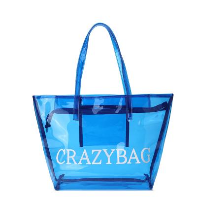 China 2021 Lady Fashion Large PVC Clear Tote Bag Beach Plastic Shopping Bag With Own Logo For Girls And Ladies for sale