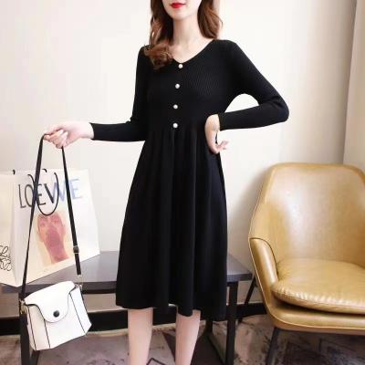 China Fashion Anti-Static Warm Casual Sleeve Spring Dress Slim Fit Long Above Knee Knit V Neck Sweater Dress For Lady for sale