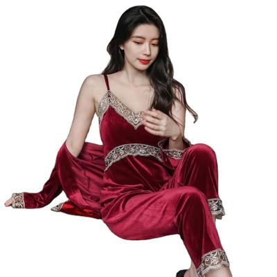 China Lady Velvet Three Piece Pajamas Set Women Lounge Wear Soft Comfortable Sexy QUICK DRY QUICK DRY With Long Robe for sale