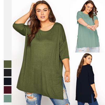 China Fashion Solid Color Breathable Breathable Round Collar Middle Sleeve Slit Top Plus Size Women's T-shirts for sale