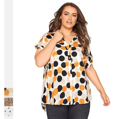 China Breathable Polka Dots Button Short Sleeve Summer Loose Casual Shirt Plus Size Women's Blouses for sale