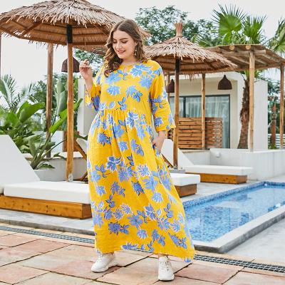 China Washable Washable Spring Dresses 2022 Yellow Floral Printing Loose Cotton Plus Size Women's Dresses For Fat for sale