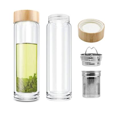 China Double Wall Borosilicate Glass Sustainable Lid Bamboo Water Bottle With Infuser And Strainer 350ml/450ML/500ml Honey Bottle for sale