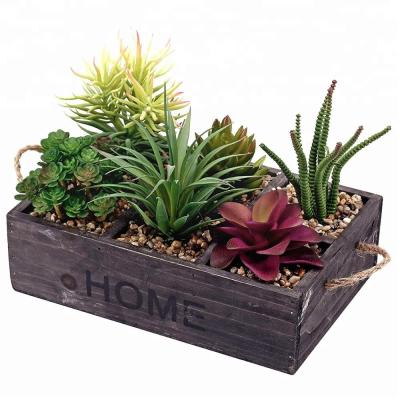 China American style rustic wooden artificial succulent planter box with rope handles for sale