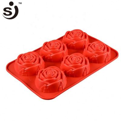 China 6 Cavity Viable Hot Selling Non-stick Rose Flower Shape Silicone Cake Mold for sale