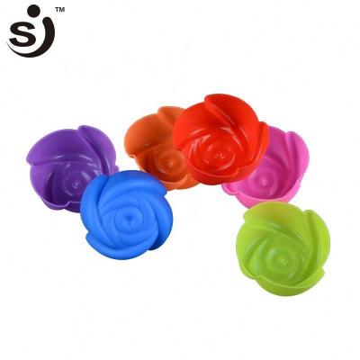 China Sustainable Lovely Pink Silicone Small Cake Mold Rose Shape Silicone Muffin Cup for sale