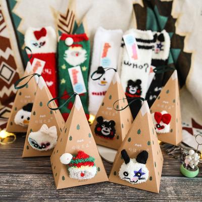 China Cute Design Antibacterial Deer Animal Christmas Socks 3d Coral Velvet Thick Warm Winter Fluffy Socks With Box for sale