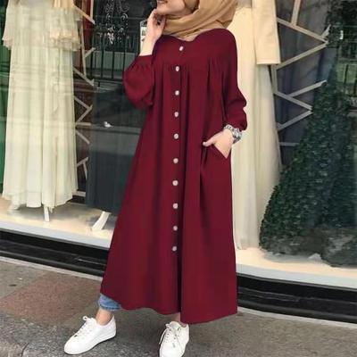 China 2022 Hot Selling Muslim Clothing Women's Solid Color Long Sleeve Shirts Buttons Shirts Long Dresses Muslim Islamic Ladies Pocket Casual Maxi Dress for sale