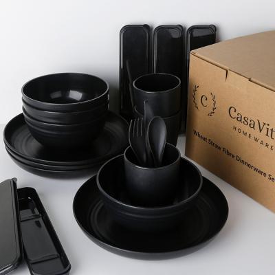 China Black Color Wholesale Stocked Plastic Wheat Fiber Dinnerware Set for sale