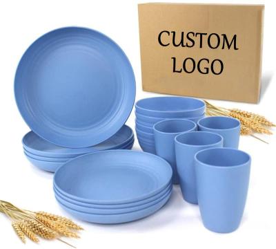 China Wheat 16pcs Straw Dinnerware Sets Eco-friendly Blue Color Stocked Plastic for sale