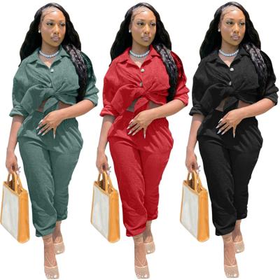 China New Arrival Solid Color Shirt Collar Button QUICK DRY Daily Pack Personalized Autumn Long Loose Ladies Two Piece Set for sale