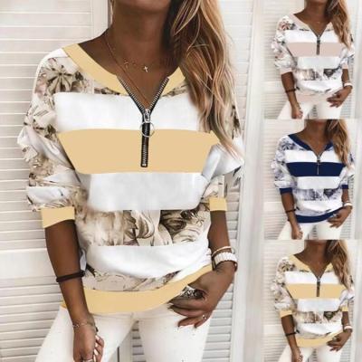 China Autumn winter ladies anti-pilling fashion casual loose zipper print v-neckline plus size women's blouses and shirts in home wear for sale