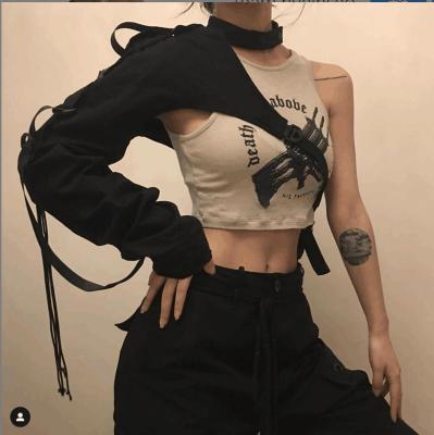 China 2021 New Ladies Drawstring Halter Metal Elegant Shoulder Buckle One Long Sleeve QUICK DRY Women's Top for sale