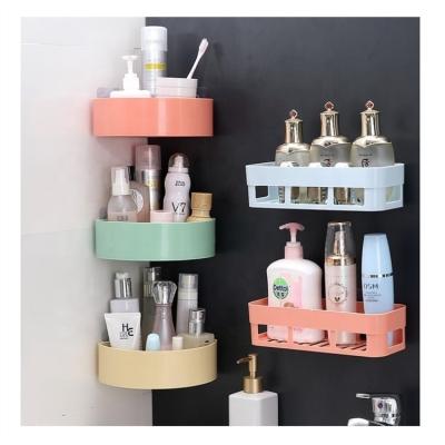 China Bathroom No Sticker Wall Mounted Shower Caddy Bathroom Organizer Plastic Basket Drilling Shelf for sale