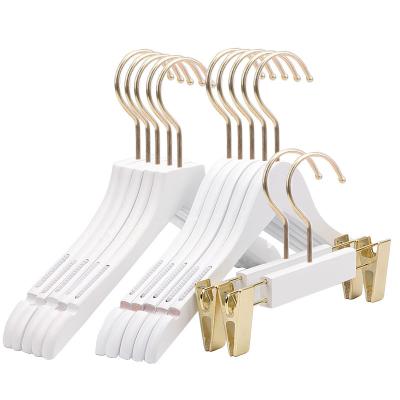 China Display Clothes Logo Luxury Cloth Hanger White Custom Wood Clip Hanger Non Slip Wooden Boutique Hanger For Clothing Store for sale