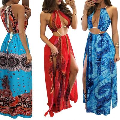 China Breathable Women's Boho Halter Summer Beach Swimwear Floral Party Split Cover Up Beach Wear for sale