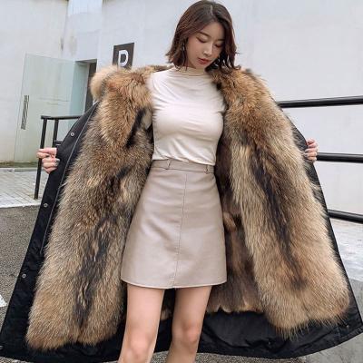 China New Winter Women's Anti-wrinkle warm cuff parka big faux raccoon fur collar high quality natural fur coat jacket for sale