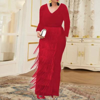 China Autumn Breathable Plus Size Party Sleeve Fringe V-Neck Women's Long Evening Dress for sale