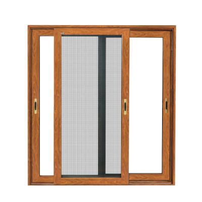 China New Magnetic Double Screen Design Wooden Grain Finish Aluminum Window Tempered Glass Sliding Windows for sale