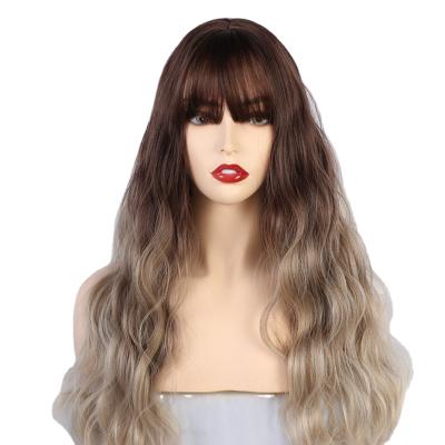 China Wholesale Natural Wave Hair Synthetic Factory High Temperature Fiber Hair Long Ombre Brown To Gray Purple Wigs With Bangs For White/Color Women for sale