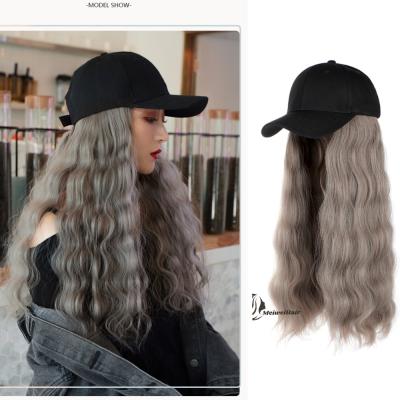 China Wholesale Water Wave Meiwei Factory Black Baseball Hat Curly Hair Baseball Cap Long Wavy Wigs for sale