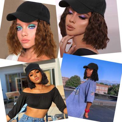 China 2021 Wave Dark Brown Color Of New Meiwei Factory Baseball Cap Black Curly Hair Wig Silky Straight Custom Short Cap Wigs for sale