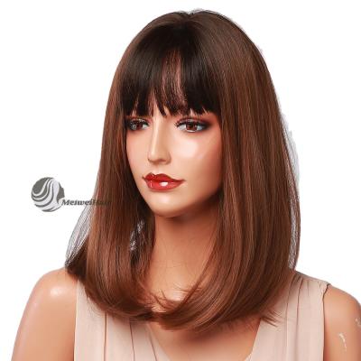 China Meiwei Bob Wigs Brown Color Medium Long Straight Synthetic Hair Wave Synthetic Fiber Heat Resistant Wig With Bangs for sale