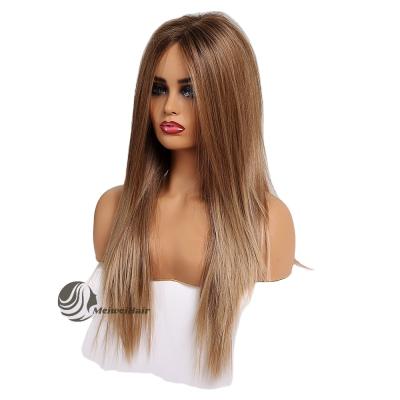 China Meiwei 2021 Long Straight Hair 13*4 Lace Front Part Closure 24 Inches Long Straight Fiber Wigs Ginger Brown Blonde Ombre Color for sale