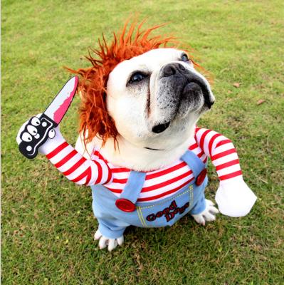 China Funny Viable Chucky Dog Clothes Pet Costume Deadly Chucky Dog Doll Holding A Knife Dog Costume for sale