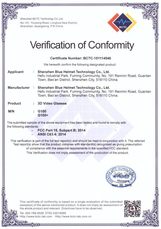 FCC Certificate - Shenzhen Blue Helmet Technology Co., Ltd.