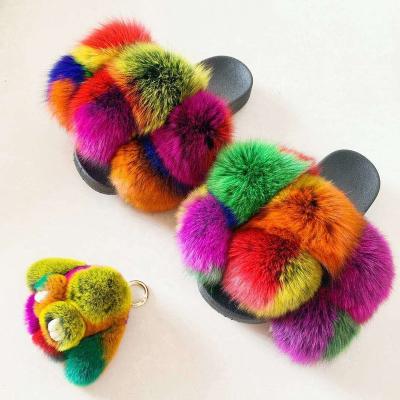 China Fashion Trend Mixed Colors Six Flat Kids Pom Pom Slides For Women And Fox Fur Balls Raccoon Fur Slipper Sandals for sale