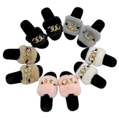 China Furry Women's Sandals Furry Indoor Slides High Quality Fur Leslides Fur Slippers Soft Fur Sandals With Big Gold Chain for sale