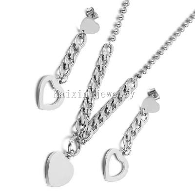 China New Ethnic Popular Jewelry Fashion Simple Stainless Steel Heart Earrings Necklace Set for sale