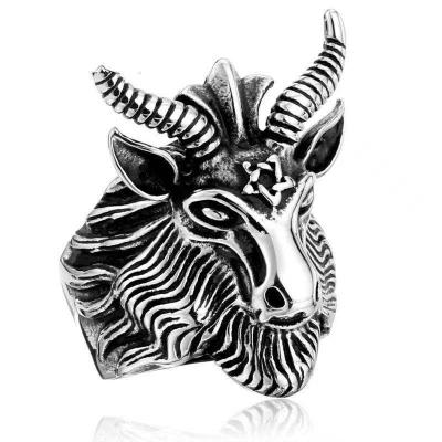 China 2021 New Fashion Stainless Steel Satan Goat Sheep Head Black Stainless Steel Jewelry Men's Punk Ring for sale